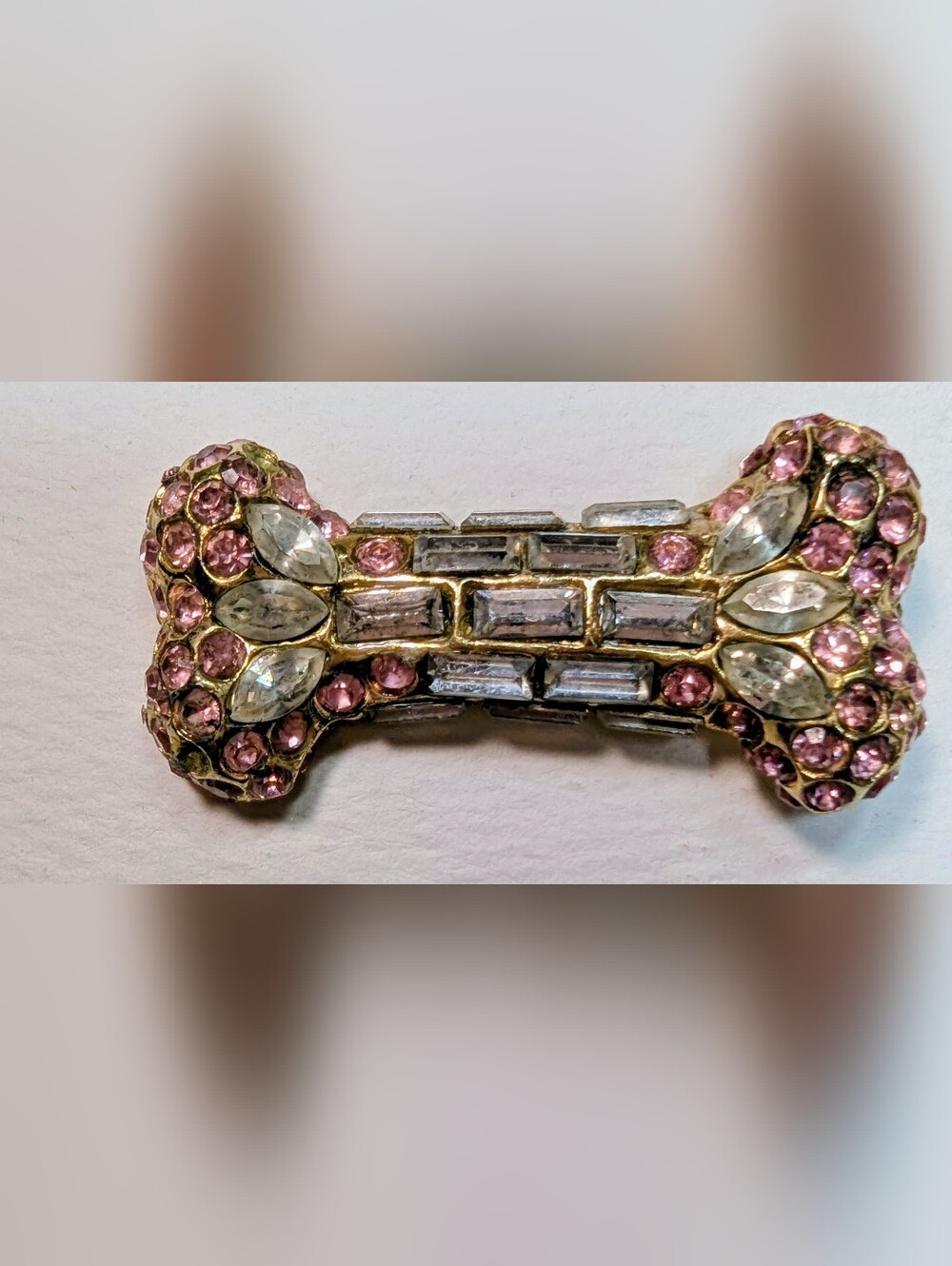 Wendy Gell dog bone pin gold plated Swarovski stones and pink and crystal.